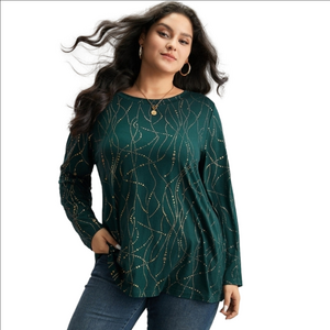 BloomChic Polka Dot Contrast Round Neck Long Sleeve Tunic Gold Green Size 18-20